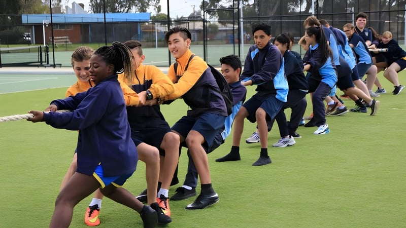 Schülerinnen und Schüler der Lynwood Senior High School spielen ein Spiel auf dem blauen Sportfeld.
