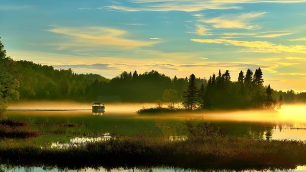 Ein ruhiger See mit einem kleinen Boot und umgeben von Wald ist bei Sonnenuntergang zu sehen.