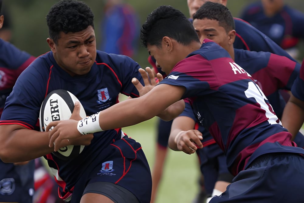 Zwei Spieler kämpfen in einem Rugbyspiel auf dem Spielfeld des Macleans College, während weitere Schülerinnen und Schüler im Hintergrund stehen.
