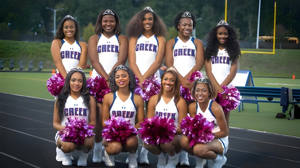 Eine Gruppe Cheerleader posiert in lila-weißen Uniformen auf dem Sportfeld der Mallard Creek High School.
