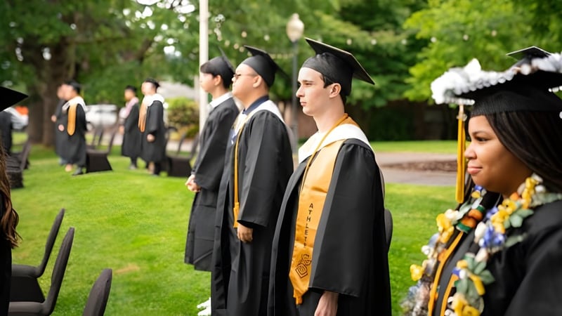 Eine Gruppe von Absolventen der Mannahouse Christian Academy steht in akademischer Kleidung auf dem Campus auf einer Wiese.