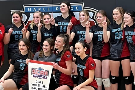 Eine Gruppe weiblicher Volleyballspielerinnen posiert gemeinsam vor dem Schriftzug der Maple Ridge Secondary School in Ontario.