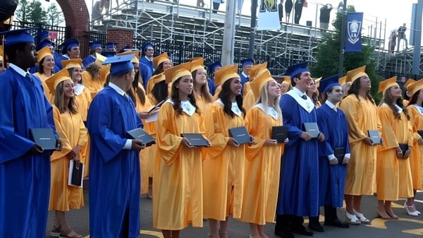 Eine Gruppe von Absolventen der Marian Catholic High School steht in blauen und gelben Roben vor einem Gerüst und Gebäuden.