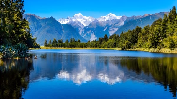 Ein ruhiger See mit Spiegelung der verschneiten Berge und dichten Wälder nahe dem Marist College.