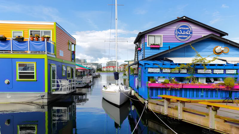 Bunte Holzhäuser am Wasser mit Booten vor der Mark R. Isfeld Secondary School.