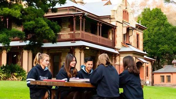 Eine Gruppe Schüler der Marryatville High School sitzt an einem Tisch auf dem Rasen vor einem historischen Gebäude mit Veranda und umgeben von Grün.