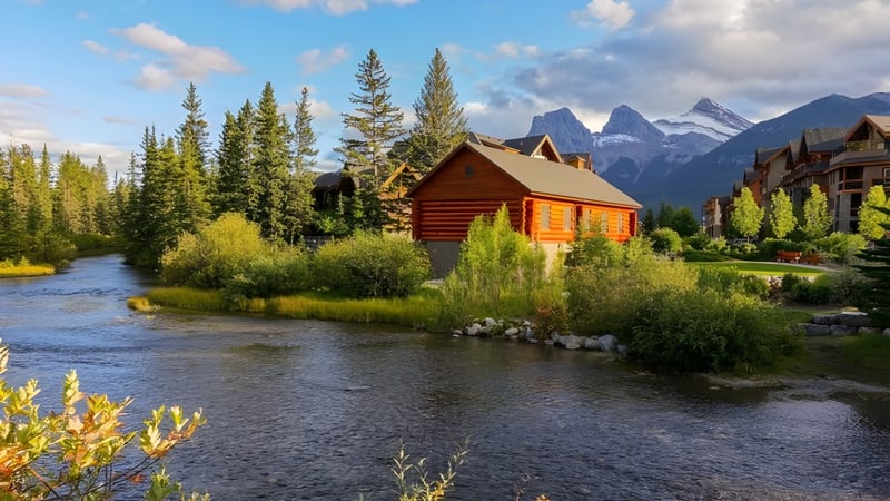 Eine idyllische Holzhütte liegt inmitten üppiger Vegetation vor einem Bach mit schneebedeckten Bergen im Hintergrund auf dem Gelände der Marymount Academy International.