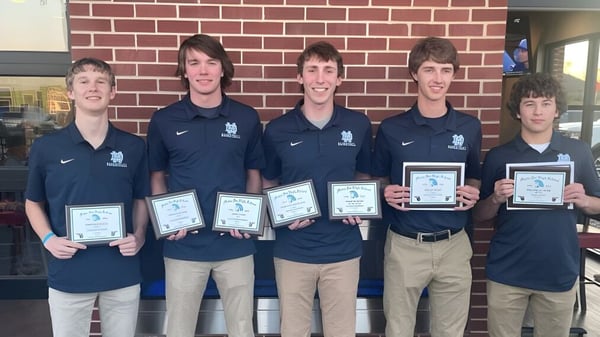 Fünf Schüler der Mater Dei Catholic High School stehen vor einer Backsteinmauer und halten Auszeichnungen und Urkunden.