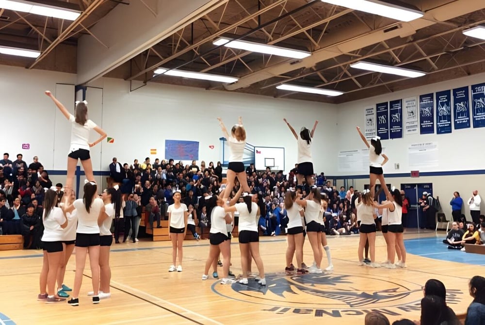 Eine Gruppe junger weiblicher Sportlerinnen führt Gymnastikübungen in der Halle der Matthew McNair Secondary School vor Zuschauern auf.