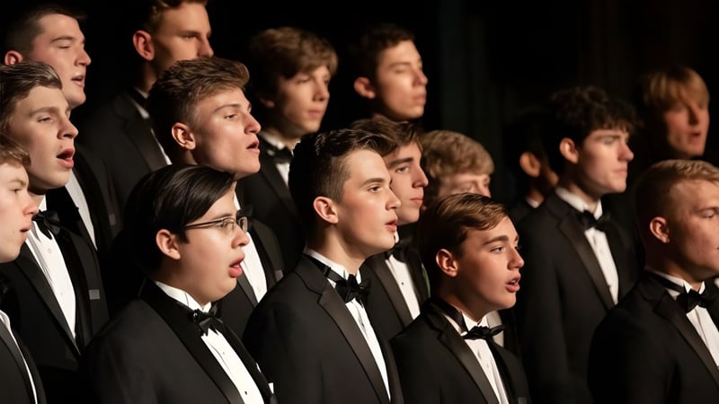 Eine Gruppe Schüler der McCallie School singt gemeinsam bei einem Auftritt auf der Bühne.