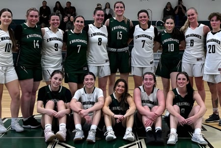 Eine Gruppe Schülerinnen der Medicine Hat High School posiert gemeinsam auf dem Basketballfeld.