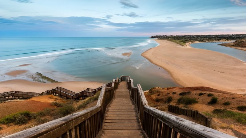 Eine hölzerne Treppe führt von Mercedes College zu einem weiten Sandstrand mit türkisfarbenem Wasser und bewölktem Himmel.
