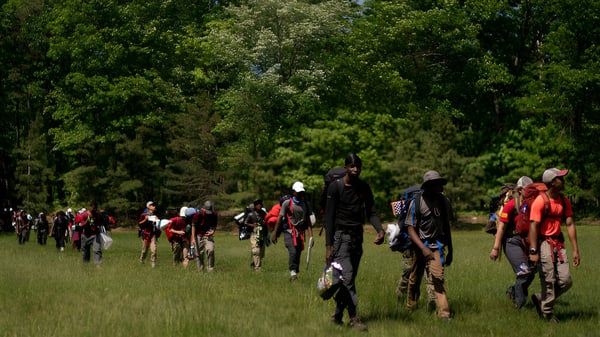 Schüler der Mercy Secondary School erkunden mit bunter Schutzkleidung einen bewaldeten Bereich mit hohen Bäumen.