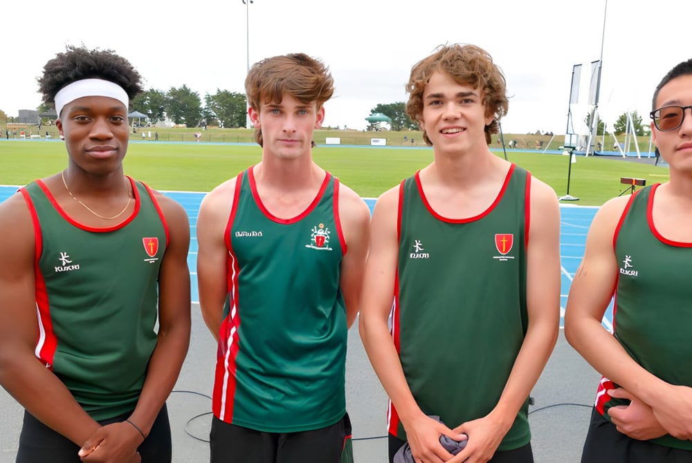 Vier junge Athletinnen und Athleten der Middleton Grange School stehen auf dem Sportfeld vor den Tribünen.