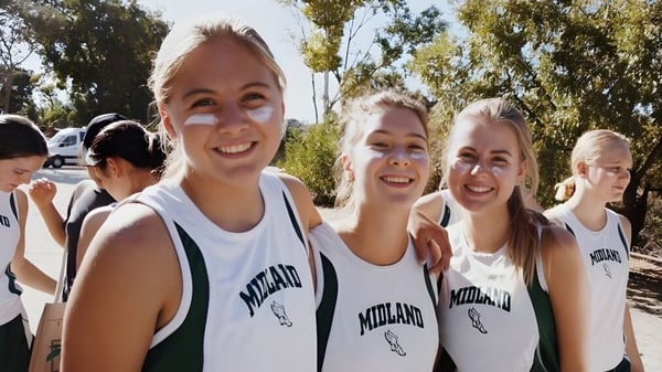 Eine Gruppe Schülerinnen der Midland School steht im Freien zusammen und trägt passende Sporttrikots.