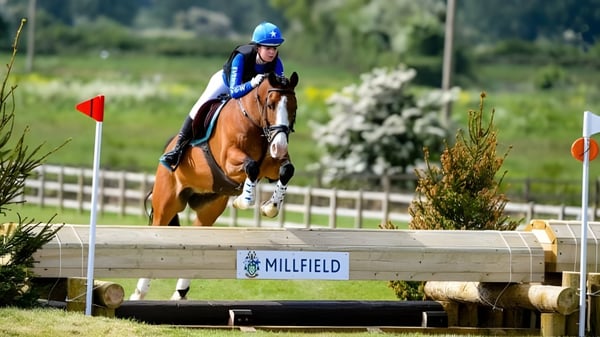 Eine Schülerin der Millfield School reitet mit Helm und Schutzkleidung auf einem Pferd über ein hölzernes Hindernis im Grünen.