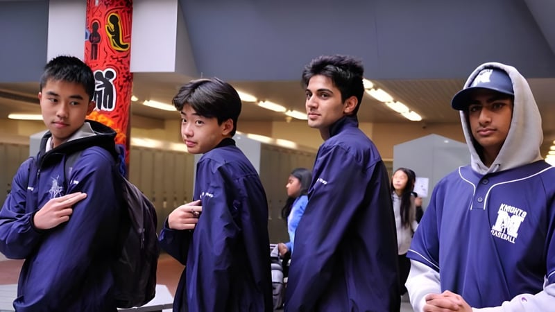 Eine Gruppe von Schülern der Milliken Mills Secondary School steht in einem Innenraum vor einem roten und weißen dekorativen Element.
