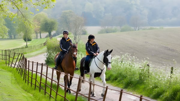 Zwei Personen reiten auf Pferden auf einem eingezäunten Weg in der grünen Landschaft auf dem Gelände der Milton Abbey School.