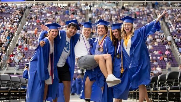 Eine Gruppe von Absolventen der Minnetonka Public Schools steht in blauen Abschlussroben zusammen in einer stadionähnlichen Umgebung.