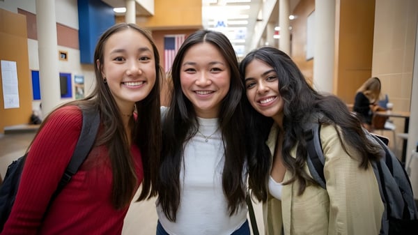 Drei Schülerinnen mit langen dunklen Haaren stehen im Flur der Minnetonka Public Schools und lächeln zusammen.