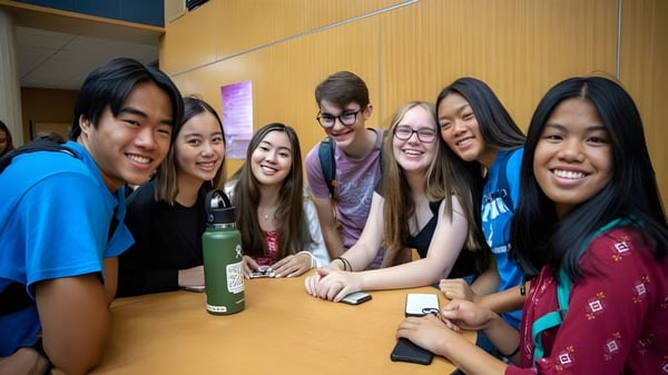 Eine Gruppe von Schülern der Minnetonka Public Schools sitzt gemeinsam um einen Tisch in einem Klassenraum.