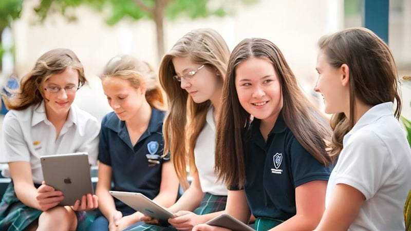 Eine Gruppe Schülerinnen der Mitcham Girls High School arbeitet gemeinsam mit einem Tablet im Freien.