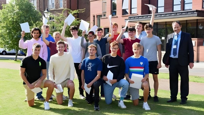 Schüler und Erwachsene stehen gemeinsam auf einer Wiese vor dem Backsteingebäude der Monmouth School for Boys.