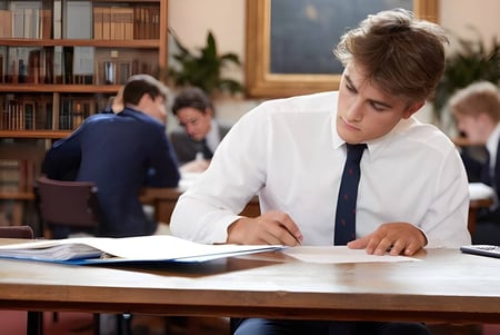Ein Schüler der Monmouth School for Boys studiert konzentriert Dokumente an einem Holztisch im Klassenraum.