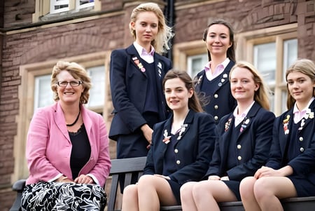 Eine Gruppe von Schülerinnen in Schuluniform steht vor einem Backsteingebäude auf dem Campus der Monmouth School for Girls.