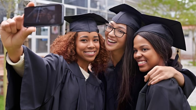 Drei Absolventinnen der Montcalm Secondary School posieren in ihren Abschlussgewändern für ein Selfie vor einem Schulgebäude mit Bäumen.