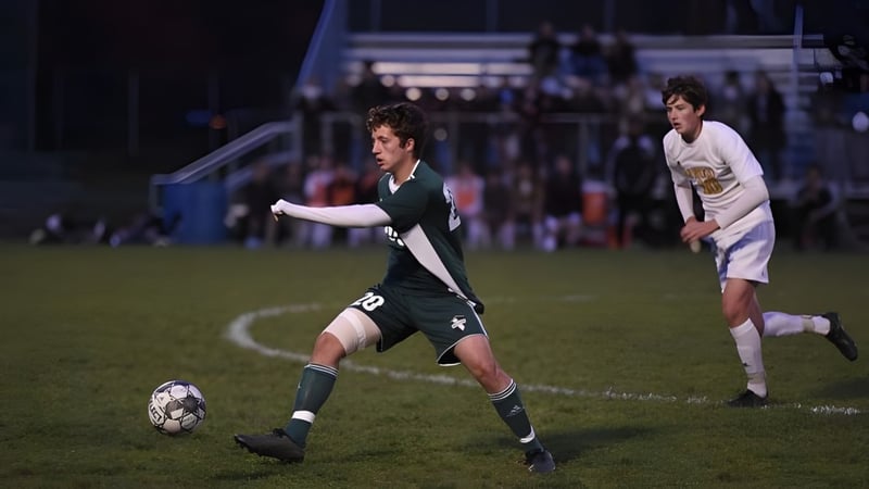 Zwei Schüler der Montpelier High School spielen Fußball auf dem Spielfeld bei Nacht.
