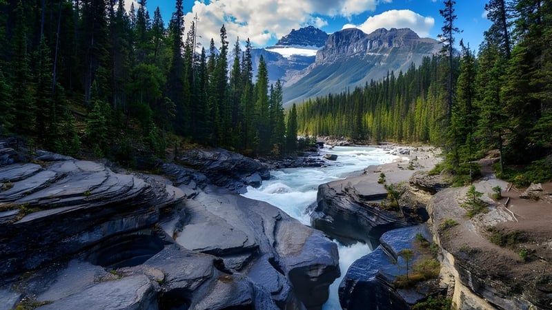 Eine Flusslandschaft mit Bergen und Wald in der Nähe von Morell Regional High School.