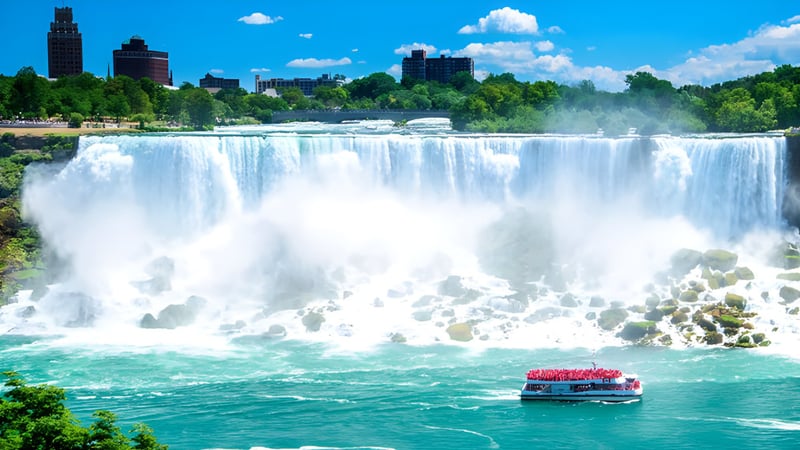 Ein rotes Boot mit Passagieren fährt vor einem Wasserfall auf dem Gelände der Moscrop School.