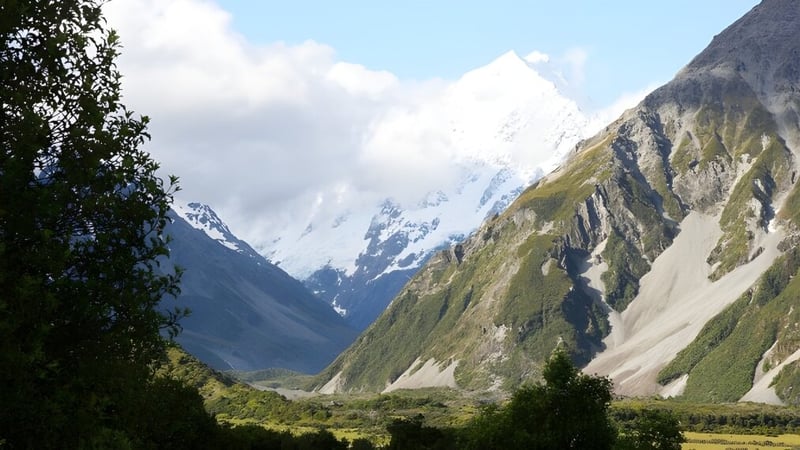 Majestätische schneebedeckte Berge sind hinter grüner Vegetation auf dem Gelände des Mount Maunganui College zu sehen.