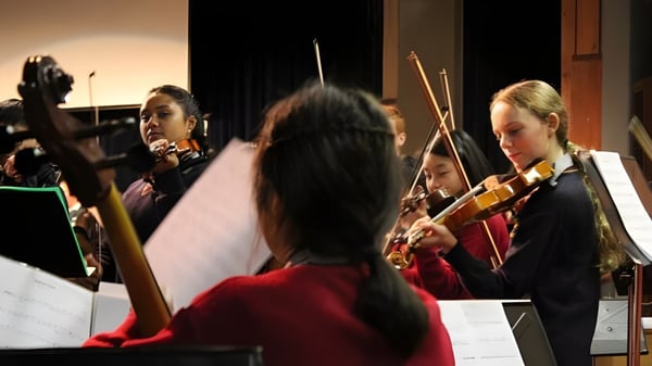 Eine Gruppe Schüler spielt im Orchester der Mount Roskill Grammar School verschiedene Streichinstrumente auf einer Bühne.