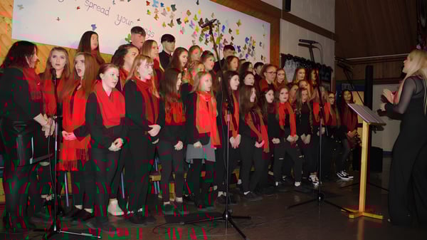 Eine Gruppe von Schülerinnen und Schülern steht vor einem bunten Wandbild auf dem Campus des Moyne College.