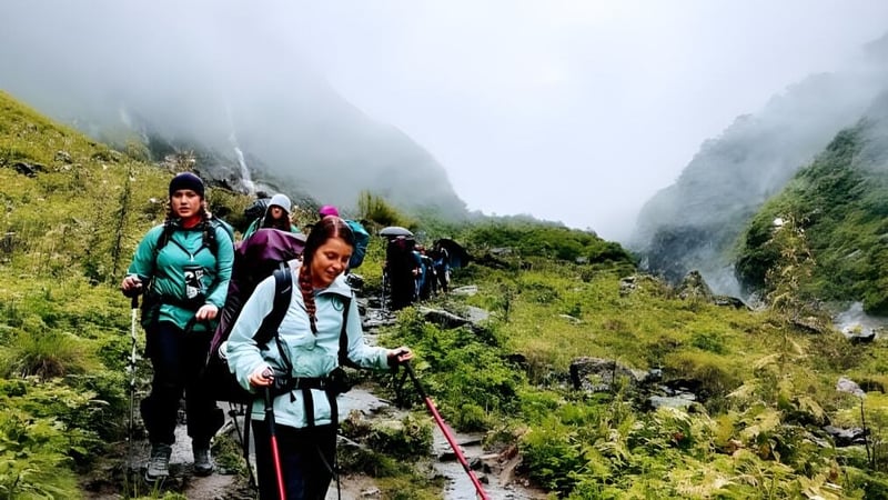 Eine Gruppe von Schülern des Moyne College wandert durch eine bergige Landschaft mit dichter Vegetation und Nebel.