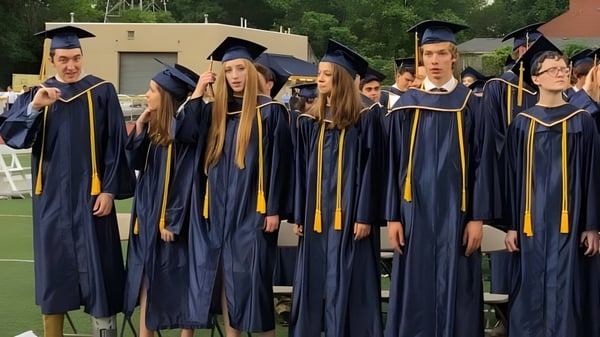 Eine Gruppe von Absolventen steht im akademischen Kleidungsstil auf einer Wiese im Mt. Lebanon School District.