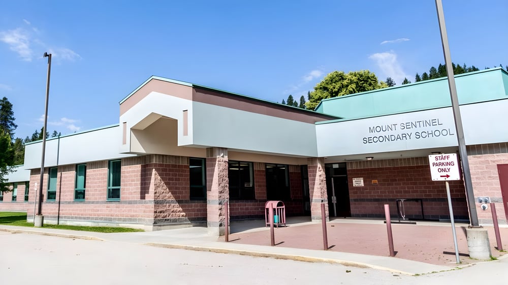 Das mehrstöckige Backsteingebäude mit grünem Dach der Mt. Sentinel Secondary School ist von Bäumen umgeben bei klarem Himmel.