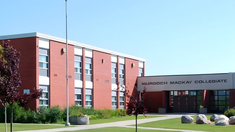 Das mehrstöckige Backsteingebäude des Murdoch Mackay Collegiate mit Rasenfläche und Steinen im Vordergrund.