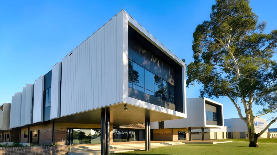Das moderne Gebäude der Murray Bridge High School mit großen Glasfenstern steht in einer parkähnlichen Umgebung mit Bäumen und Rasenflächen.