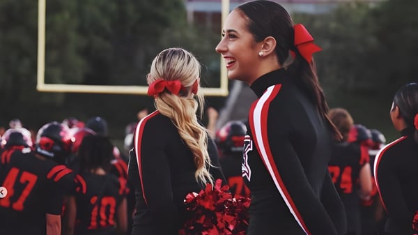 Zwei Absolventinnen des Murrieta Valley Unified School District stehen gemeinsam in einer Menge von Graduierenden.