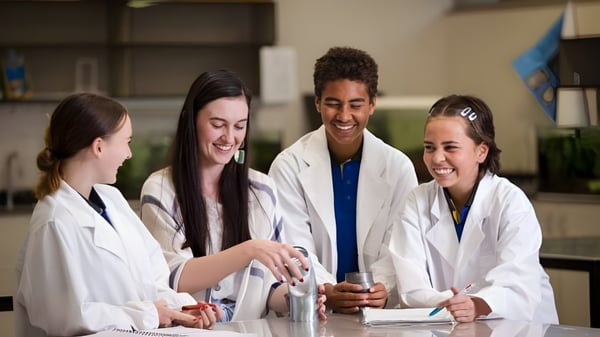 Vier Schülerinnen und Schüler im Labor des Nambour State College führen gemeinsam ein Experiment durch.