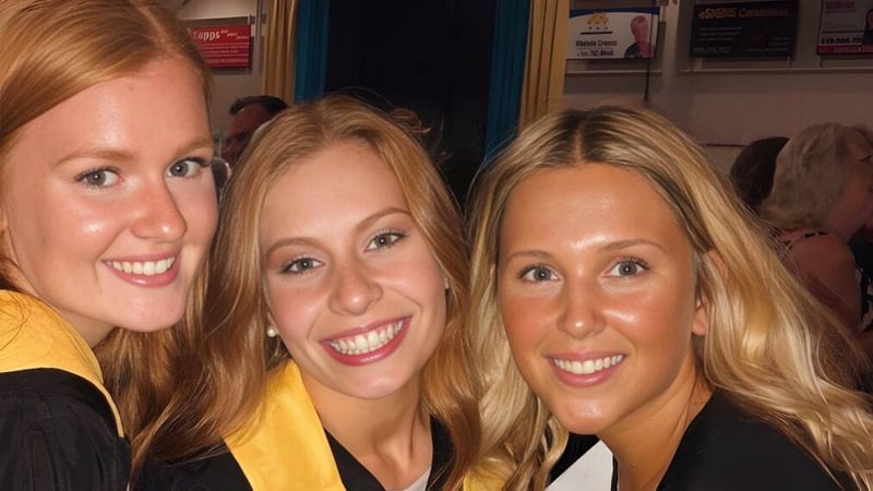 Drei lächelnde Schülerinnen mit blondem Haar an der Nantyr Shores Secondary School in einem öffentlichen Bereich.