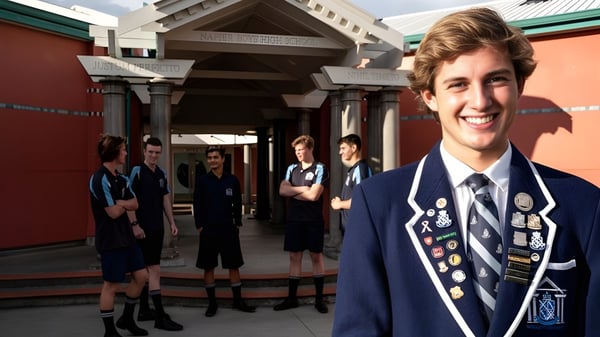 Ein Schüler der Napier Boys High School trägt eine blaue Uniform mit Abzeichen und steht vor einer Gruppe von anderen Schülern.