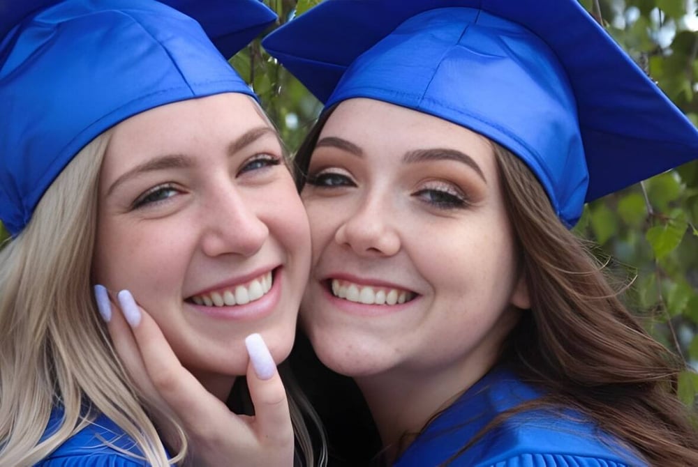 Zwei Schülerinnen der Nechako Valley Secondary School in blauen Abschlussroben posieren gemeinsam vor einer unscharfen Naturkulisse.