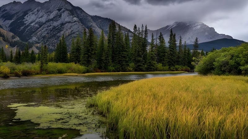 Eine ruhige Berglandschaft mit einem See und grüner Vegetation unter bewölktem Himmel nahe der New Norway School.