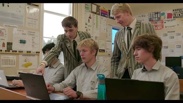 Schüler der New Plymouth Boys' High School arbeiten gemeinsam an einem Computer in einem Klassenraum.