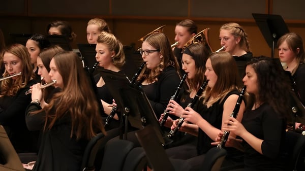 Eine Gruppe junger Musiker der New Sarepta Community High School spielt verschiedene Instrumente wie Flöten und Geigen auf der Bühne.