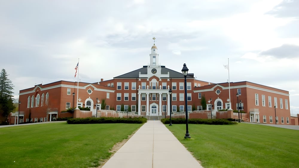 Das Hauptgebäude der Newburyport High School mit einem zentralen Turm und verzierter Architektur auf einem Grünbereich mit umliegenden Bäumen.
